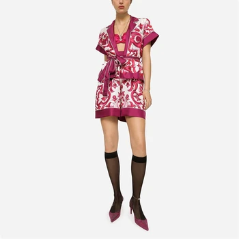 Высококачественный летний новый женский комплект шорт с принтом на эластичной талии y2k, модный повседневный однобортный комплект рубашек с лацканами и коротким рукавом