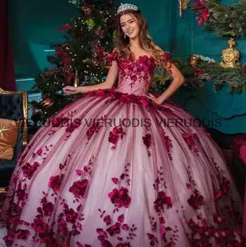 Бордовые пышные платья с 3D цветочным рисунком на день рождения, выпускные платья Lack Up Sweet 15-16 платьев vestidos de quinceanera 2022
