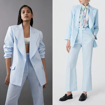 Небесно-голубой женский блейзер, длинные брюки, сшитые на заказ, офисная женская однобортная деловая одежда из двух предметов